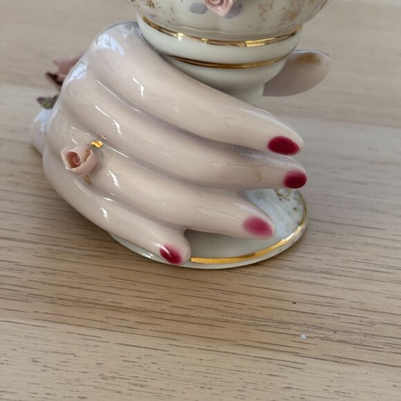 Vintage Bone China Hand-Shaped Nails Rose Ring Vase Floral Accents & Gold Detail - Picture 4 of 6